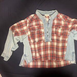 Easel Red and Blue Flannel Plaid Shirt with Denim Collar